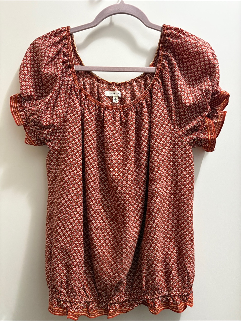 Max Studio Rust Red Printed Puff Sleeve Blouse